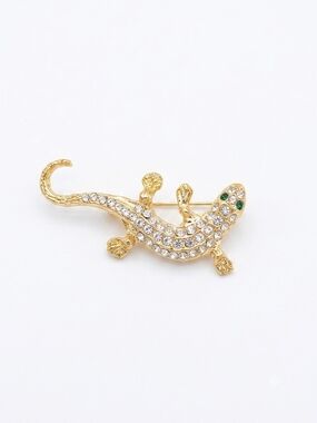 Gold-tone Crystal Lizard Brooch with Green Eyes